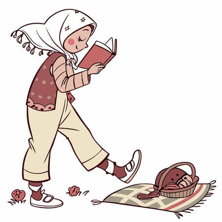 Reading girl. Walking, book in hand, over blanket near basket. Casual, simple, cuteのイラスト素材