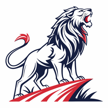 Lion roaring on rocks. Stylized and aggressive. Navy blue and red, with white backgroundのイラスト素材