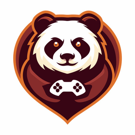 Panda mascot holding controller, framed in shield shape. Gaming logo designのイラスト素材