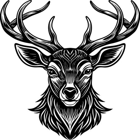 Detailed illustration of a deer head with large antlers in black and white. Line art drawingのイラスト素材