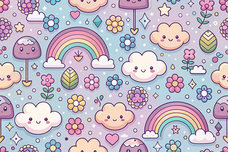 Pastel rainbow clouds flowers pattern, whimsical background, kids designの素材