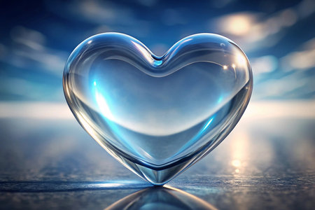 Heart-shaped glass, soft blue background, smooth surface.  Possible use  Love, compassion, abstract art, decorationの素材