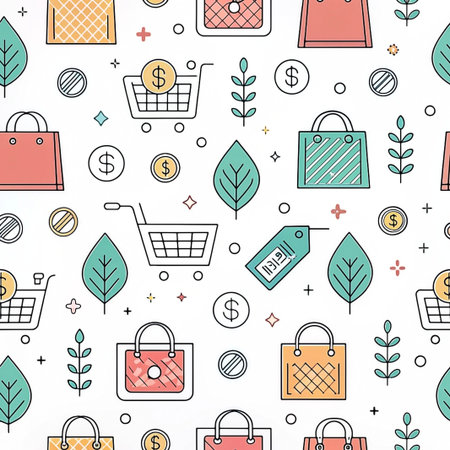 Seamless pattern shopping bags, carts, leaves, money. Use in fashion, ecommerceの素材