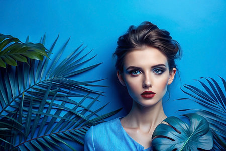 Woman, blue, makeup, tropical, leaves, beauty, fashion, portrait, studio, backdropの素材