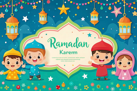 Cartoon children in Ramadan Kareem celebration with lanternsの素材