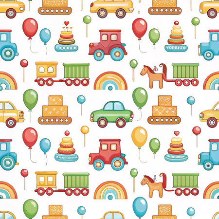 Colorful toy pattern, children's toys, seamless, background, kids room decor, potential use for fabrics, paper, or digital artの素材