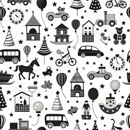 Black and white children's toy pattern backgroundの素材