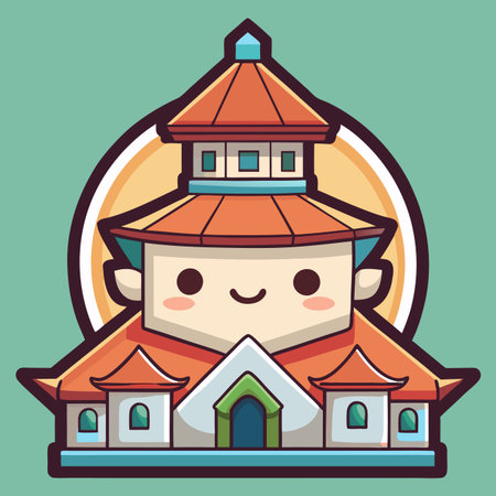 Cute cartoon building with tiered roof. Light skin, smiling face, teal backgroundのイラスト素材