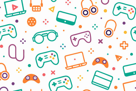 Gaming icons scattered across a white background featuring various controllers and devices in bright colorsのイラスト素材