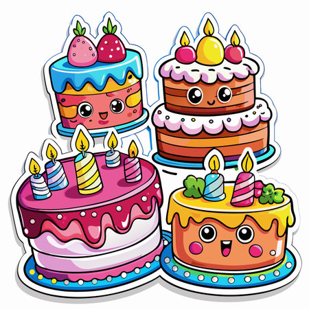 Four stylized cakes with candles and cute facesのイラスト素材