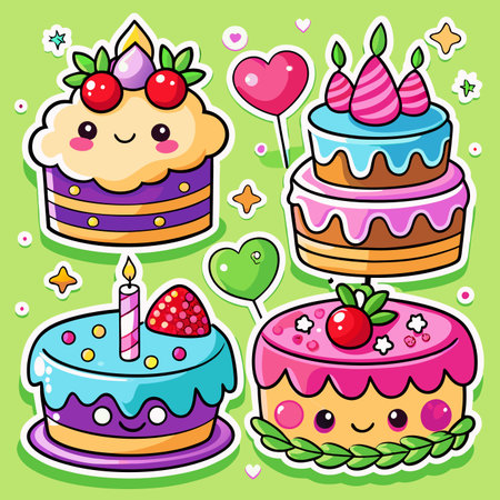 Cute cake sticker set with kawaii faces and fruity toppings on a green backgroundのイラスト素材