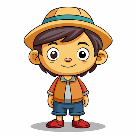 Smiling cartoon boy wearing a hat, red shirt and jacket on white backgroundのイラスト素材
