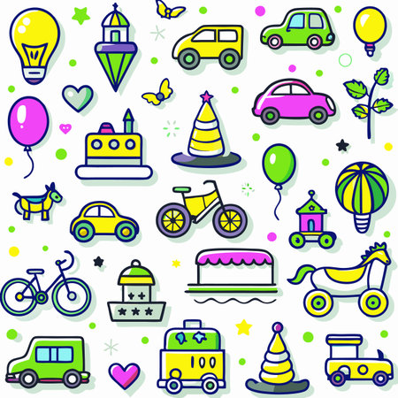 Colorful collection of various vector icons, including vehicles, sweets, and toysのイラスト素材