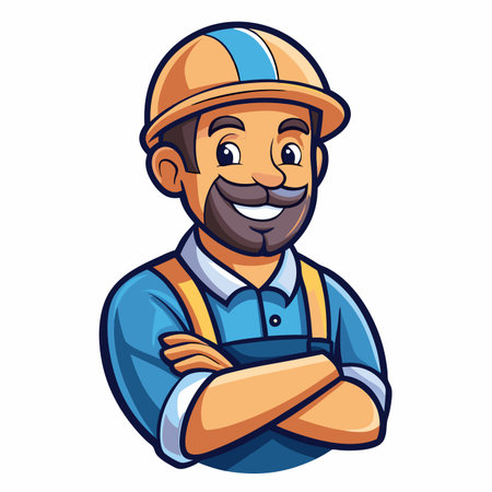 Cartoon construction worker in uniform, arms crossed. Confident, smiling, wearing a hard hatのイラスト素材