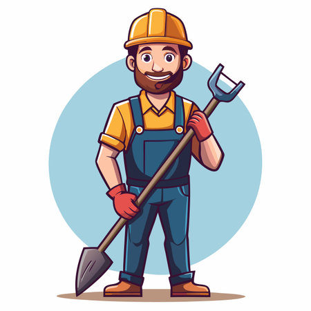 Cartoon construction worker with shovel, hardhat, gloves. Blue circle behindのイラスト素材
