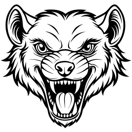 Feral creature head illustration shows fangs and an angry expression in a black and white line drawingのイラスト素材