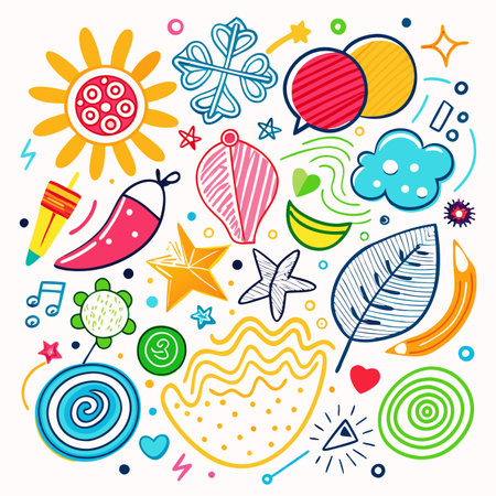 Whimsical vector doodles including sun, leaf, shapes, and musical notes on white backdropのイラスト素材