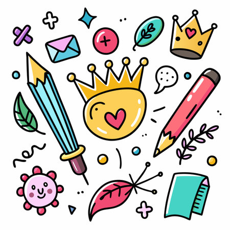 Colorful doodles crowns, pencils, leaves, and cute smiling face. Artsy, whimsical illustrationのイラスト素材