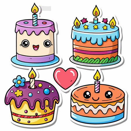 Cute cartoon cakes with candles and kawaii faces, plus a heart shapeのイラスト素材
