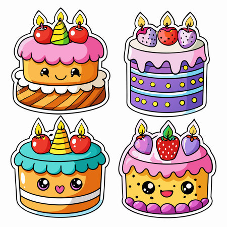 Cute cake stickers featuring bright colors and smiling faces, topped with fruits and candlesのイラスト素材