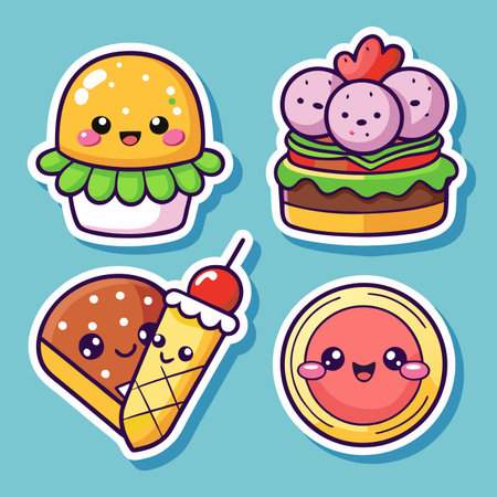 Cute food icons burger, cake, ice cream, and sandwich on a light blue backgroundのイラスト素材