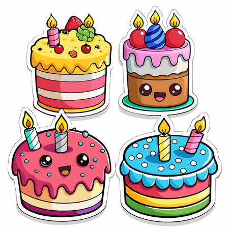 Cute cartoon birthday cakes with candles, colorful and whimsical illustrationsのイラスト素材