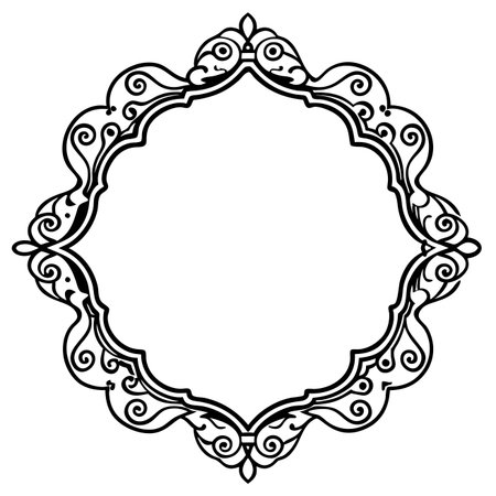 Ornate, scalloped black border frame with curly, swirling decorations around a blank centerのイラスト素材