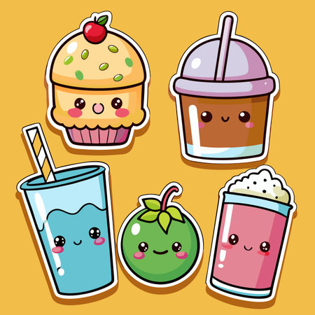 Cute kawaii drink sticker set. Bright colors, simplified illustration styleのイラスト素材