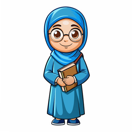 Cartoon girl in blue hijab, glasses, and book with strap, isolated on white backgroundのイラスト素材