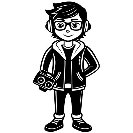 Boy with headphones and recorder. Cute design, black and white illustration, full bodyのイラスト素材