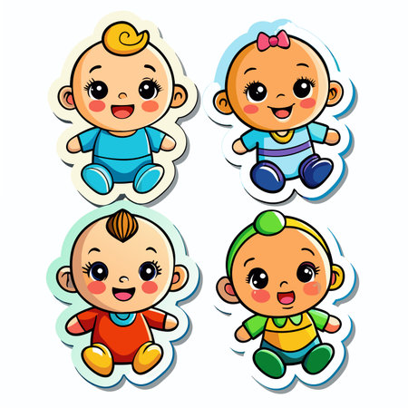 Cute cartoon babies. Babies wearing various clothes with big eyes and smilingのイラスト素材