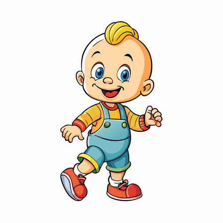 Cartoon baby in overalls. Smiling infant with blonde hair walking. Eyes are blue and skin is lightのイラスト素材