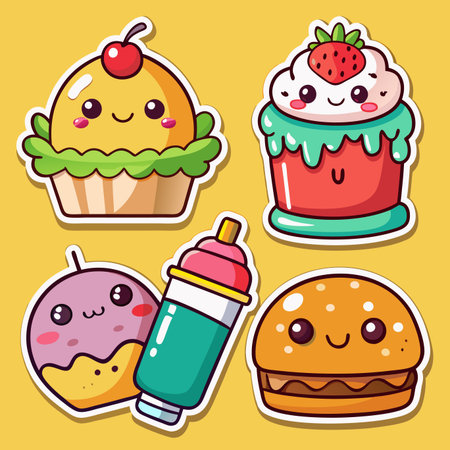 Kawaii sticker set cupcake, donut, drink, &amp; burger on a yellow backgroundのイラスト素材