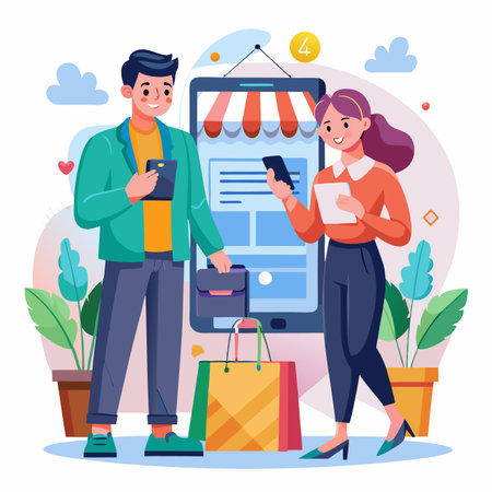 People browsing online shop with phones, bag, and potted plants in a colorful, stylized illustrationのイラスト素材