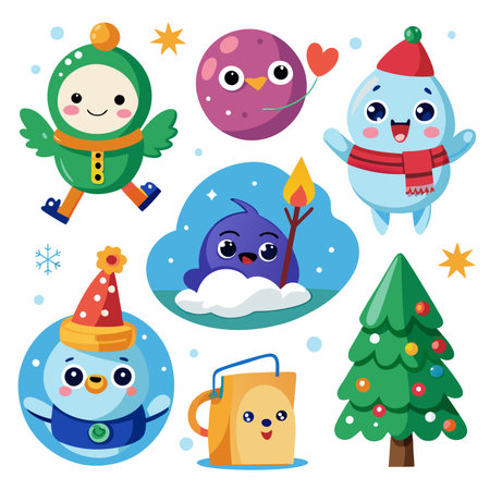 Cartoon characters in winter, festive &amp; joyful with a tree, snowflakes &amp; warm colorsのイラスト素材