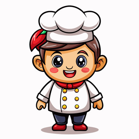 Cartoon chef Cute character wearing a hat, jacket, and a chili pepperのイラスト素材