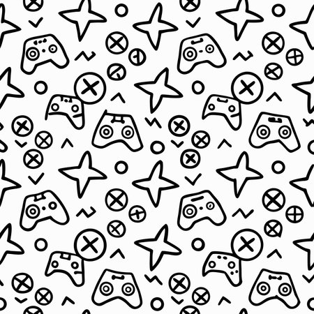 Gaming pattern controllers, stars, and shapes on white. Black outline drawings