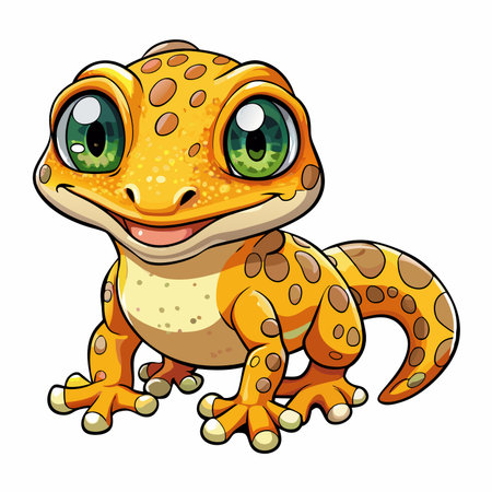 Cute, cartoon gecko with big, green eyes and yellow skin, spotted with brownのイラスト素材