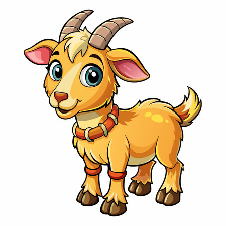 Cute cartoon goat illustration with yellow fur, collar, and small horns standing on whiteのイラスト素材