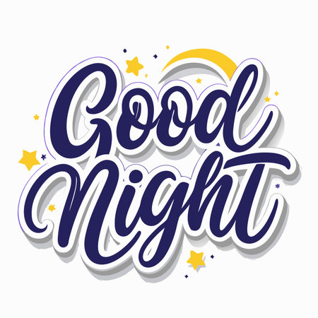 Good Night" text art with crescent moon and stars, on a white background, simple and charmingのイラスト素材