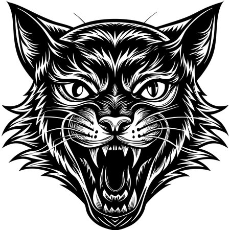 Angry cat head illustration with sharp teeth and detailed fur, black and white imageのイラスト素材