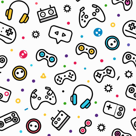 Gaming icons seamless pattern. Colorful game controllers, headphones, chat bubble, and dots on a...