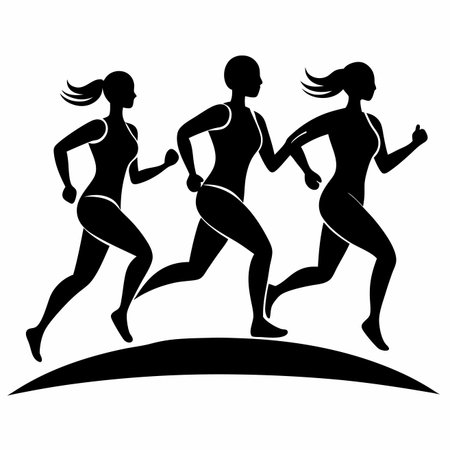 Three women running in silhouette, simple black and white graphic illustrationのイラスト素材