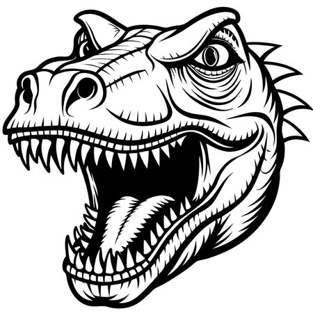 Dinosaur head with open mouth. Sharp teeth and scales. Black and white illustrationのイラスト素材