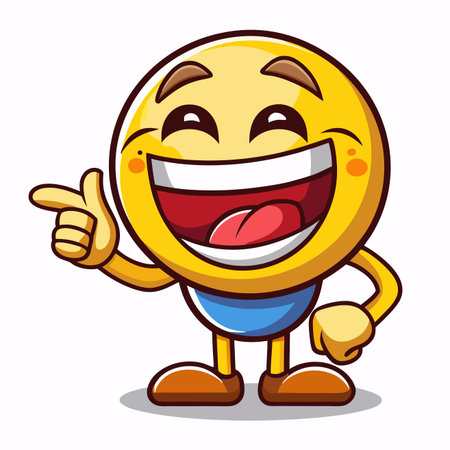 Laughing yellow emoji pointing, large toothy smile, blue shirt, brown shoesのイラスト素材