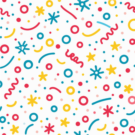 Festive pattern of colorful confetti, stars, and circles on a white background. Cheerful, celebration, partyのイラスト素材