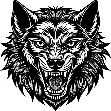 Intricate black and white illustration of a ferocious wolf head with detailed fur and snarling...