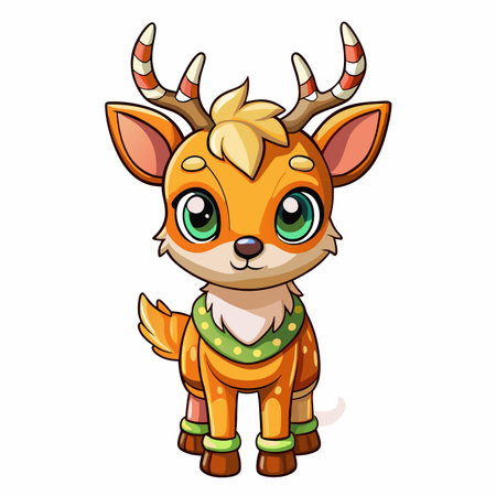 Cute fawn illustration with candy cane antlers and green collarのイラスト素材
