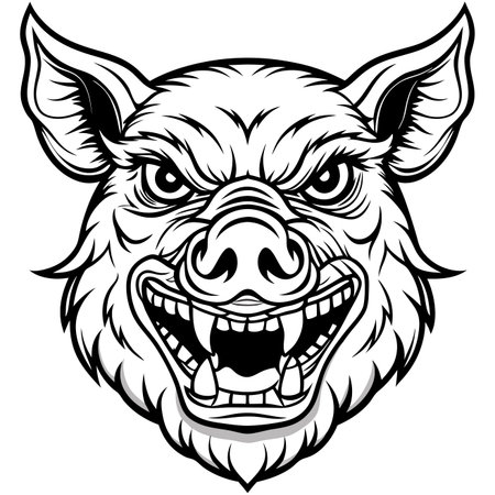 Angry boar head illustration with detailed line art. Grinning, tusked, fierce, black and whiteのイラスト素材