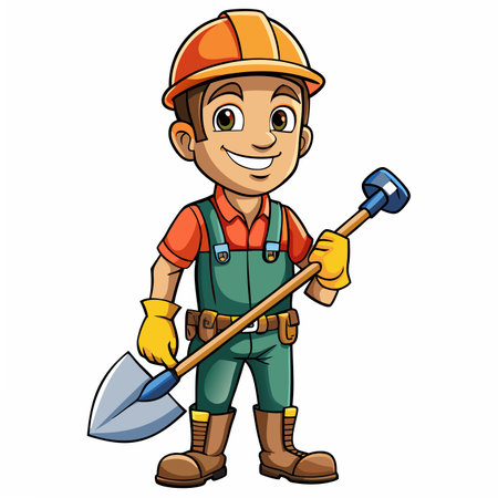 Cartoon construction worker with hardhat, shovel, overalls, and boots. Ready to work. Cheerfulのイラスト素材